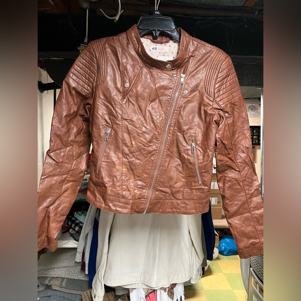 H&M kids girls brown leather moto jacket nwt size 14 - Picture 5 of 13